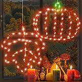 Fall Thanksgiving Window Decorations Lights, 2Pack Light up Pumpkin and Maple Leaf, 8Mode Orange and Green Lights with Timer, Autumn Fall Farmhouse for Home Wall Decor, Room, Bedroom