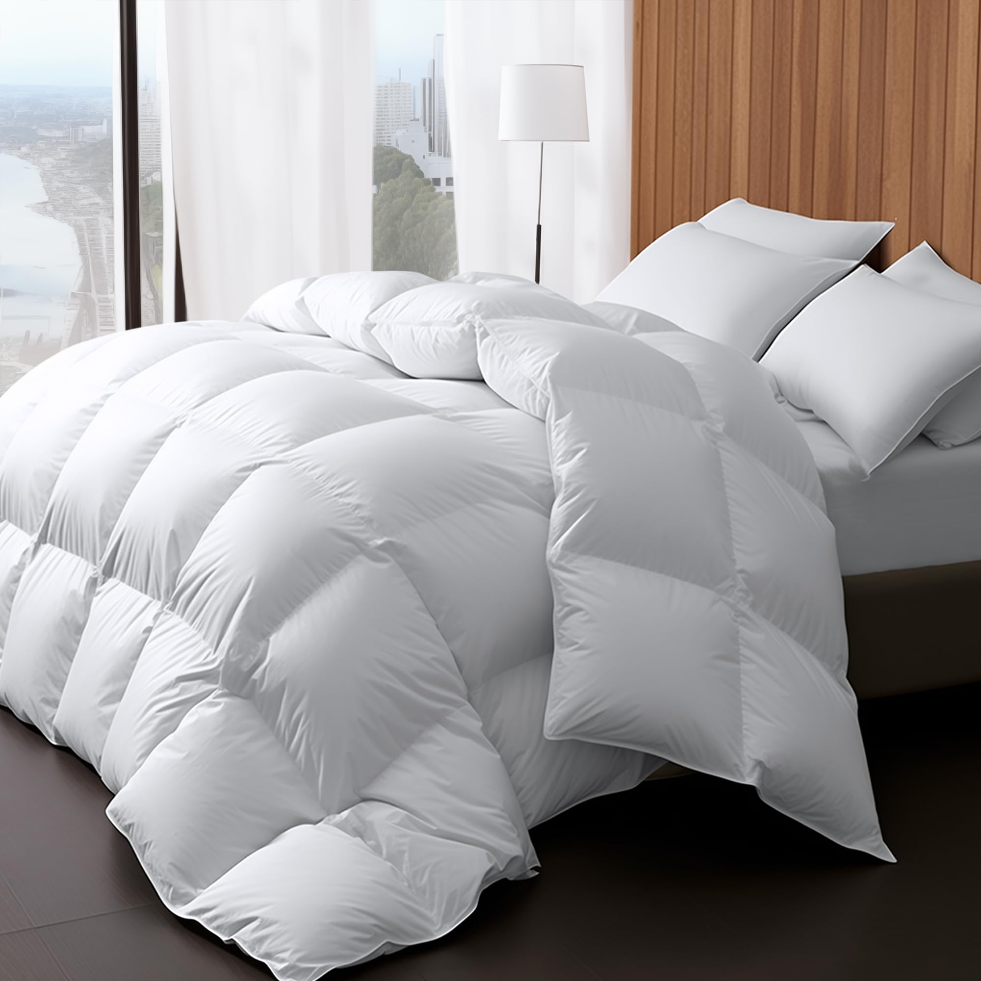 Photo 1 of Wellos Luxury Goose Feather Down Comforter King Size 850+ Fill-Power, Fluffy and Cozy Duvet Insert with 1000T 100% Cotton, All Season Premium Medium Warmth King Size Down Comforter