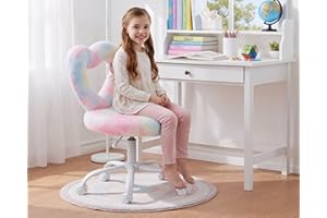 HNY Kids Desk Chair with Wheels, Cute Furry Vanity Chair with Hollowed Heart-Shape Back Adjustable Rolling Computer Study Task Chair for Girls, Fluffy Faux Fur Kids Swivel Chair for Bedroom, Colorful
