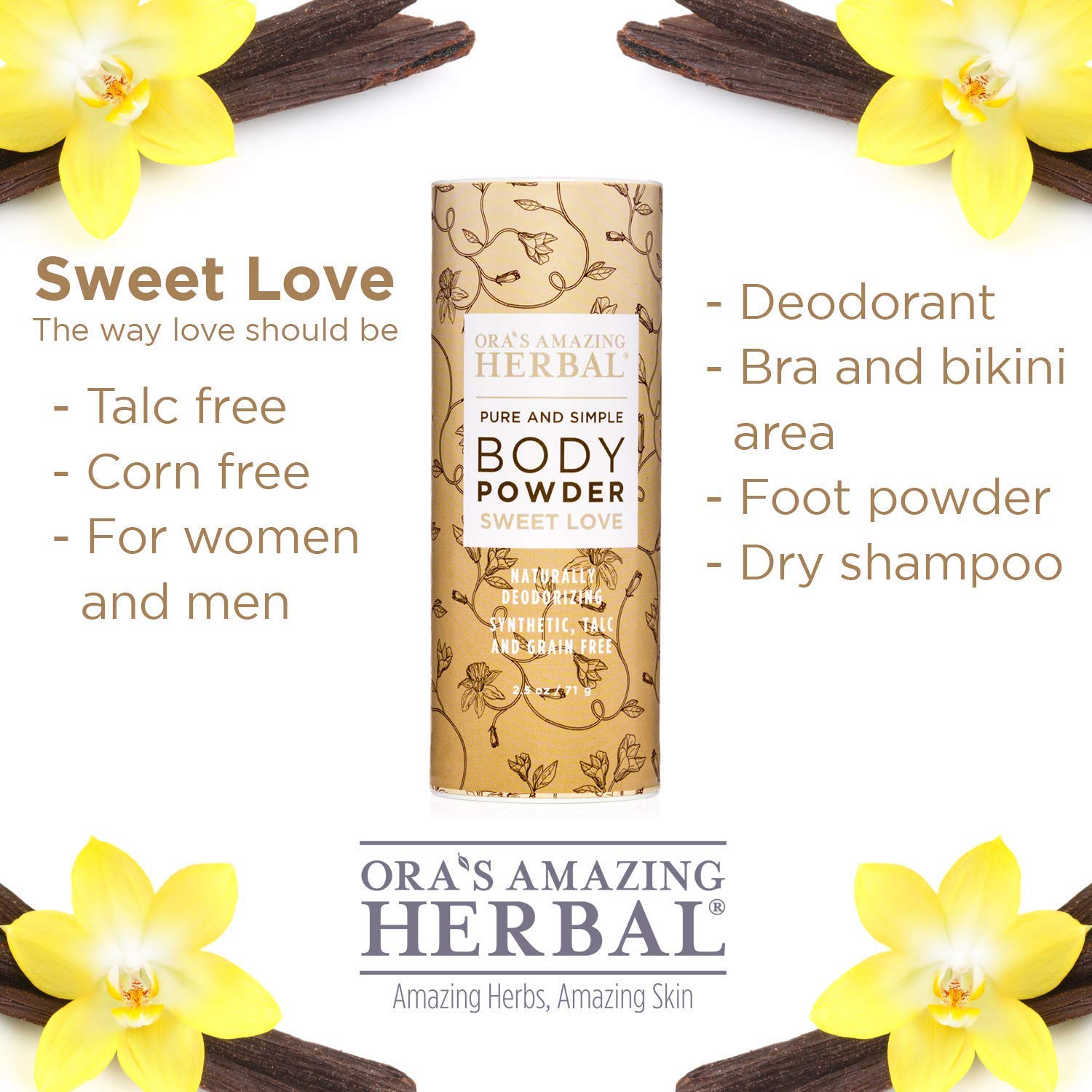 Ora's Amazing Herbal Body Powder for Women, Cornstarch and Talc Free, Bath and Dusting Powder, Amber Oil, Frankincense Essential Oil, Ylang-Ylang, Vanilla, Warm Scent, Ora's Amazing Herbal, Sweet Love 2.5 oz