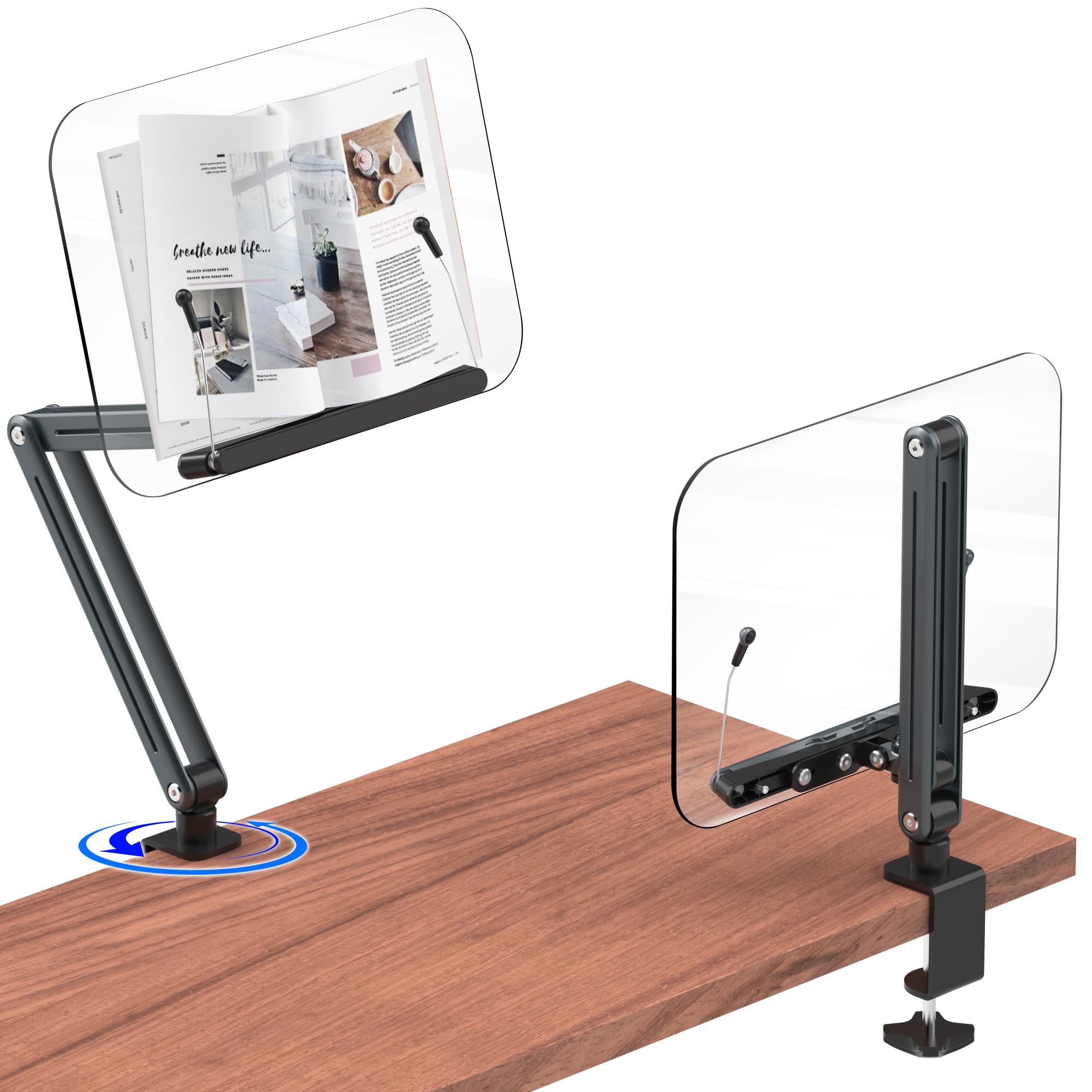 Photo 1 of YCNEW Desk Clamp Acrylic Book Stand for Reading, Ergonomic Design Adjustable Height up to 20 inches with Rotating Bases Cookbook Stand, Suitable for Recipe, Sheet Music, Tablet(Gray)