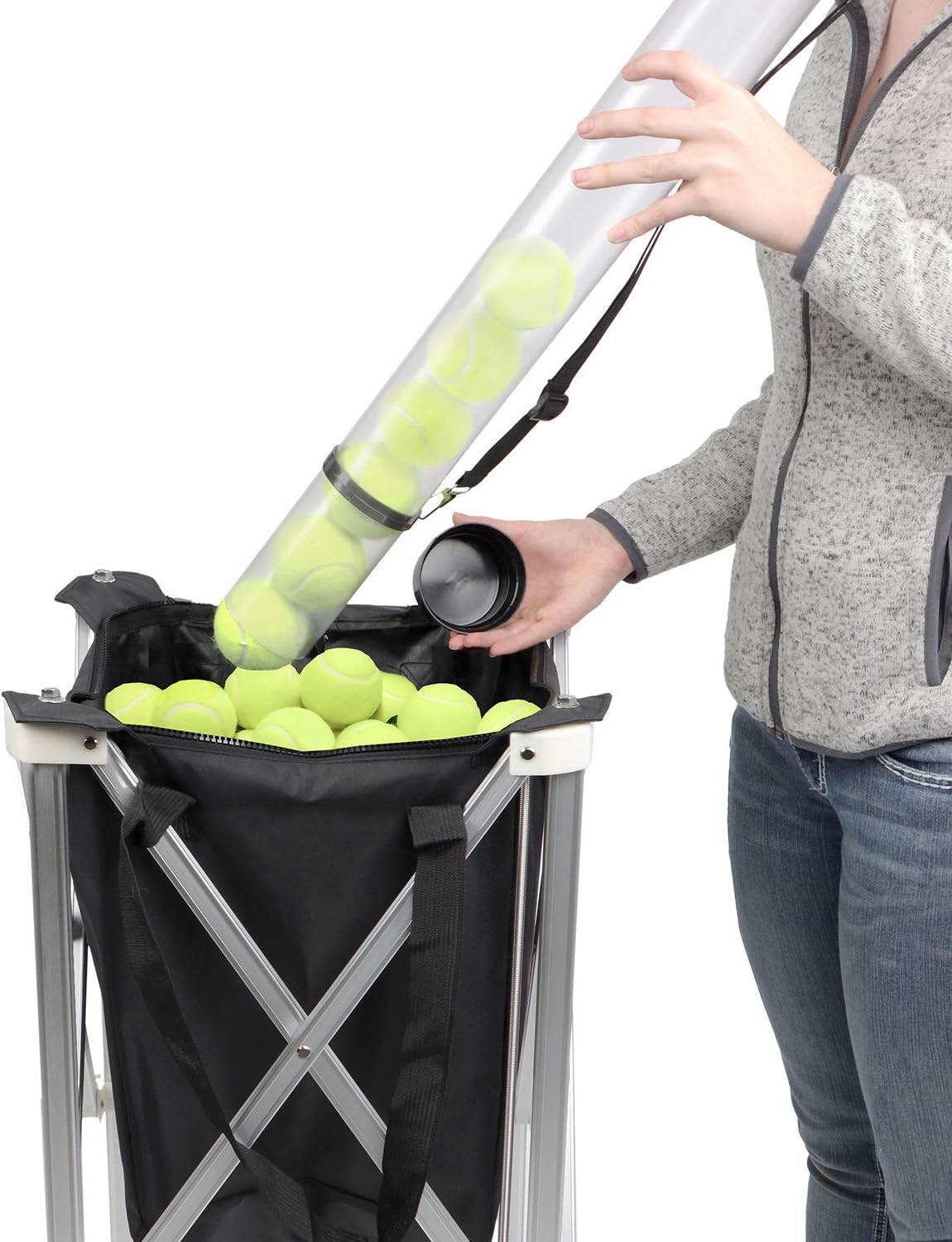Get Out! Tennis Ball Hopper Tube for 16 Balls - Tennis Ball Pickup Collector Sports Ball Retriever Carrier - 40in, Black : Sports & Outdoors