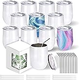 BetterSub12 oz Sublimation Wine Tumblers, Double Wall Insulated Stainless Steel Sublimation Cups with Lid, Metal Straw, Brush, Individually Display Box, White (12 Packs White)