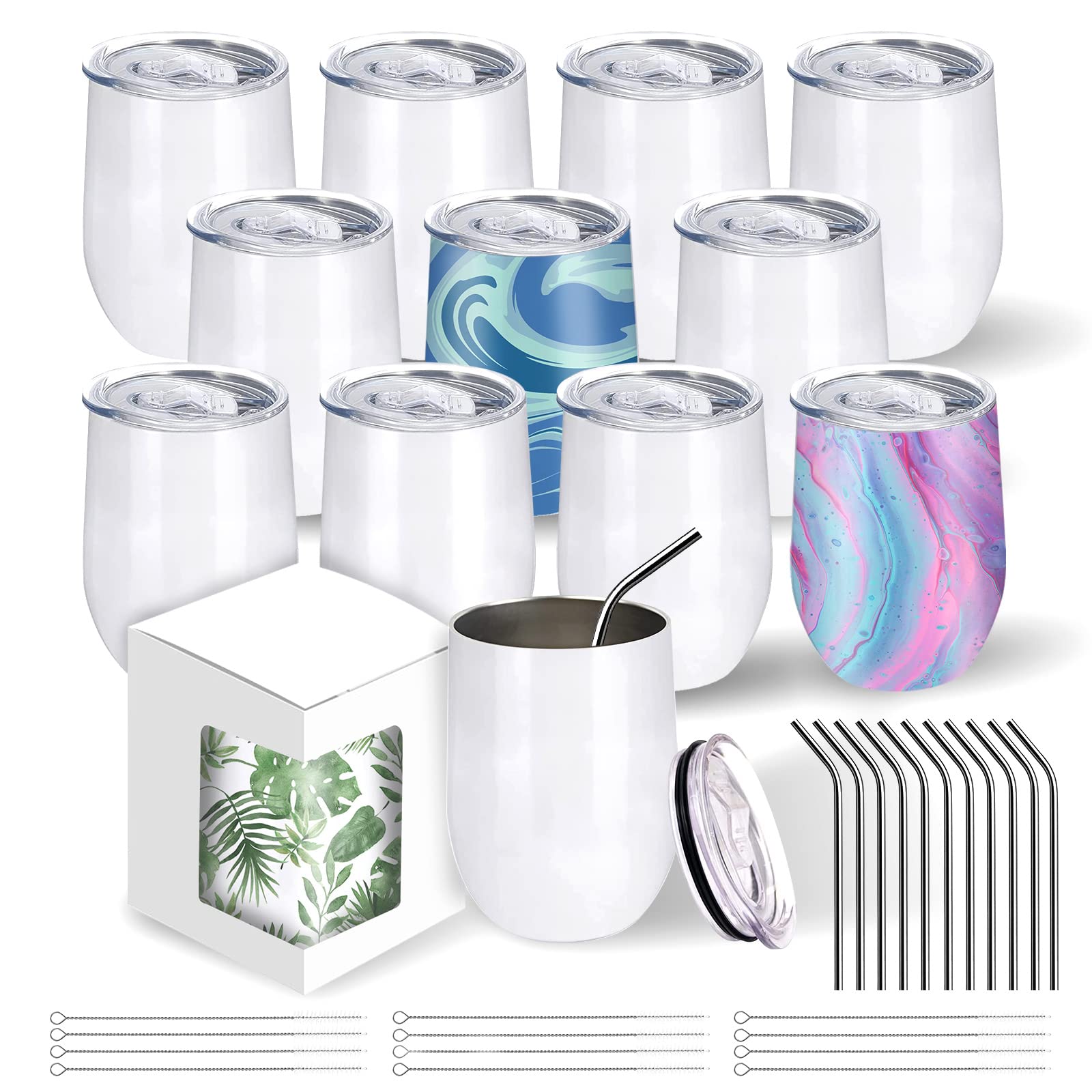 Photo 1 of BetterSub 12 Packs Sublimation Wine Tumblers 12oz Double Wall Insulated Sublimation Blanks Tumblers, Stainless Steel Sublimation Cups with Lid, Metal Straw, Brush, Display Box, White