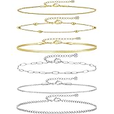 Jinxiuge Gold Ankle Bracelets for Women Dainty 14k Gold Plated Waterproof Cuban Link Chain Anklets Set Layered Anklet Bracelets for Women Teen Beach Gift Adjustable Size 6 Pcs