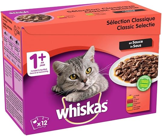 Whiskas Sélection classique en sauce – Nourriture humide pour chat adulte – Alimentation complète en sachets fraîcheur – 4 x 12 x 100g