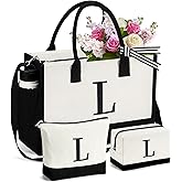 mibasies 1 Embroidered Initial Canvas Tote Bag with 2 Makeup Bags Set, Birthday Gifts for Women