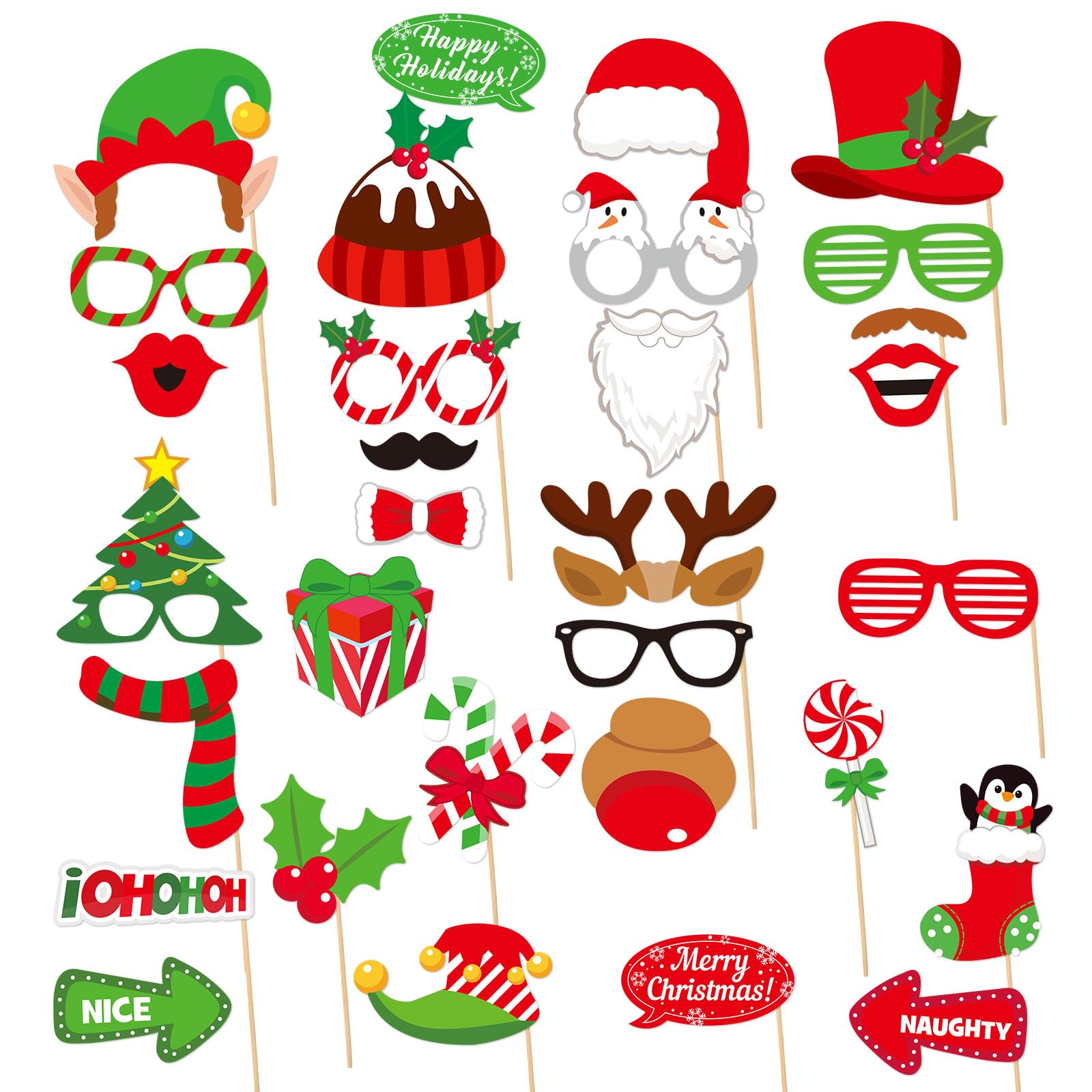 Christmas Photo Booth Props, 32Pcs Christmas Selfie Props, DIY Xmas Theme Photography Backdrop Decoration, Funny Photo Booth Props for Christmas, New Year Party, Winter Festival Decor