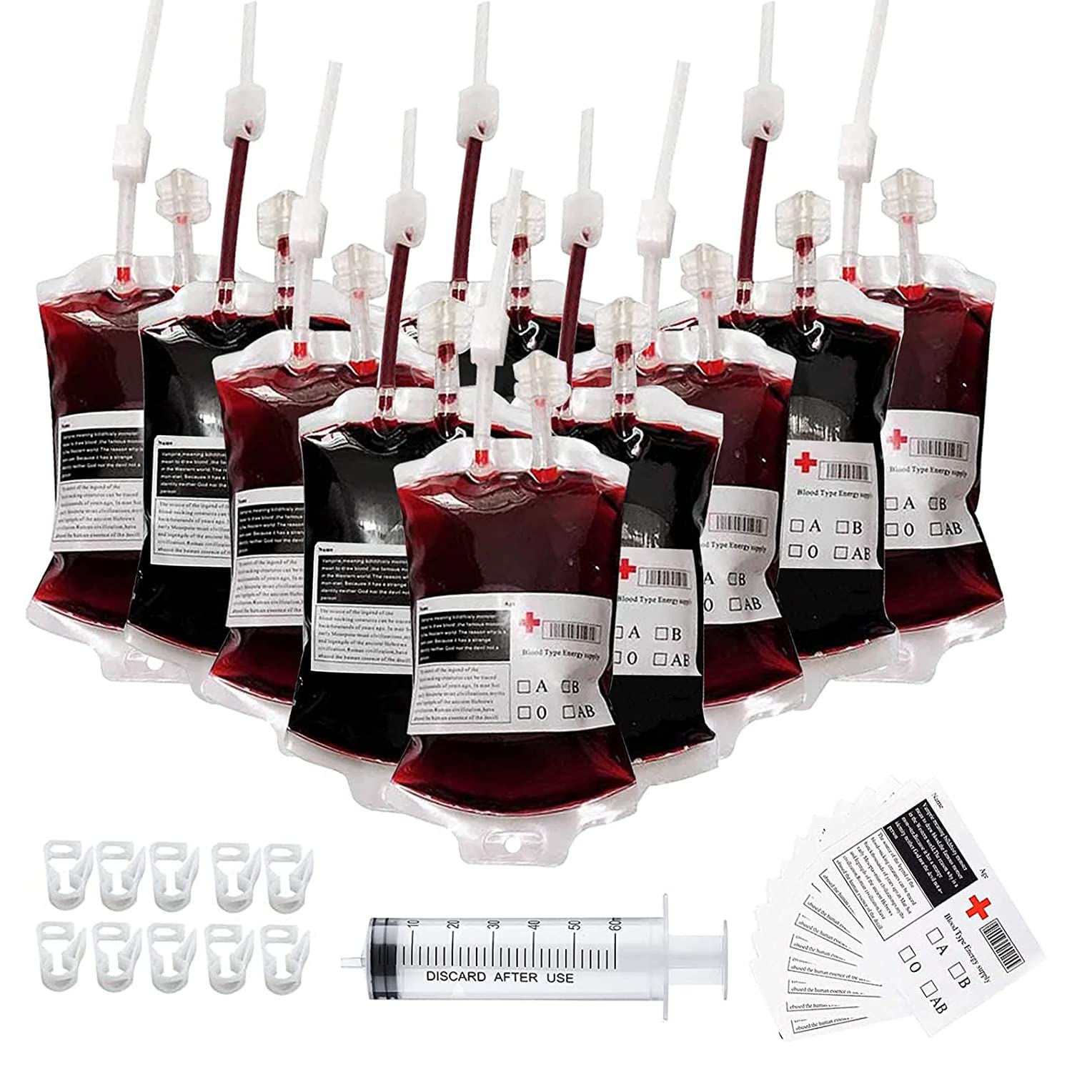 Yabonie 10 Pack Halloween Blood Drinking Bags, Blood Bag with Syringe Clips Blood Type Sticker, Reusable Blood Pouches, Blood Drinks Container for Halloween Zombie Cosplay Party