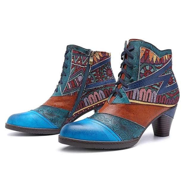 crazycatz Damen Stiefeletten mit Absatz Leder Chelsea Kurze Stiefel Handgefertigte Gestickt Bunte Patchwork Gestickte Blumen 