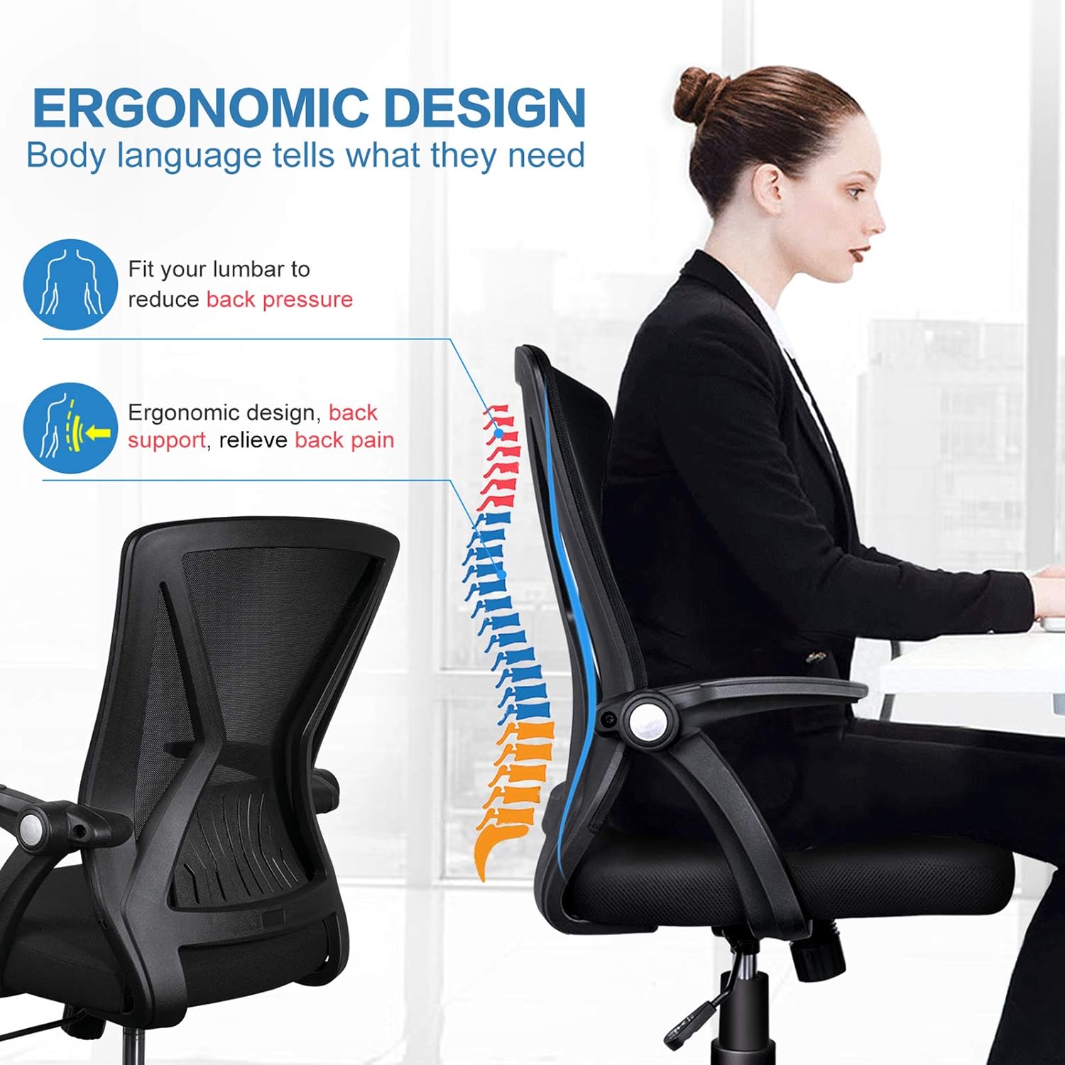 KOLLIEE Mid Back Mesh Office Chair Ergonomic Swivel Black Mesh Computer Chair Flip Up Arms with Lumbar Support Adjustable Height Task Chair: Home & Kitchen