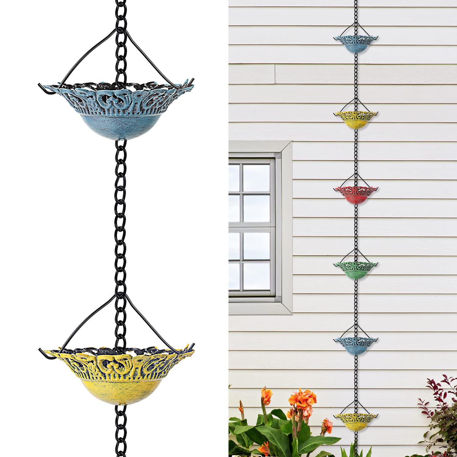 Photo 1 of Tfro & Cile Rain Chain Gutter Downspout Colorful Catcher Outside Water Diverter Decorative Garden Rain Cups Chime Home Decor - 8 1/2 Ft Length