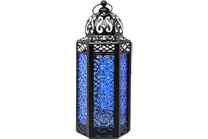 VELA LANTERNS Moroccan Candle Lantern Decorative Candle Holder for Table or Hanging, Ramadan Decorations, Indoor Home Decor, Outdoor Patio or Porch, Weddings, Black Metal, Cobalt Blue Glass, Medium