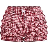 SHENHE Women's Plus Size Plaid Ruched Bloomer Shorts Elastic Waist Cute Mini Shorts