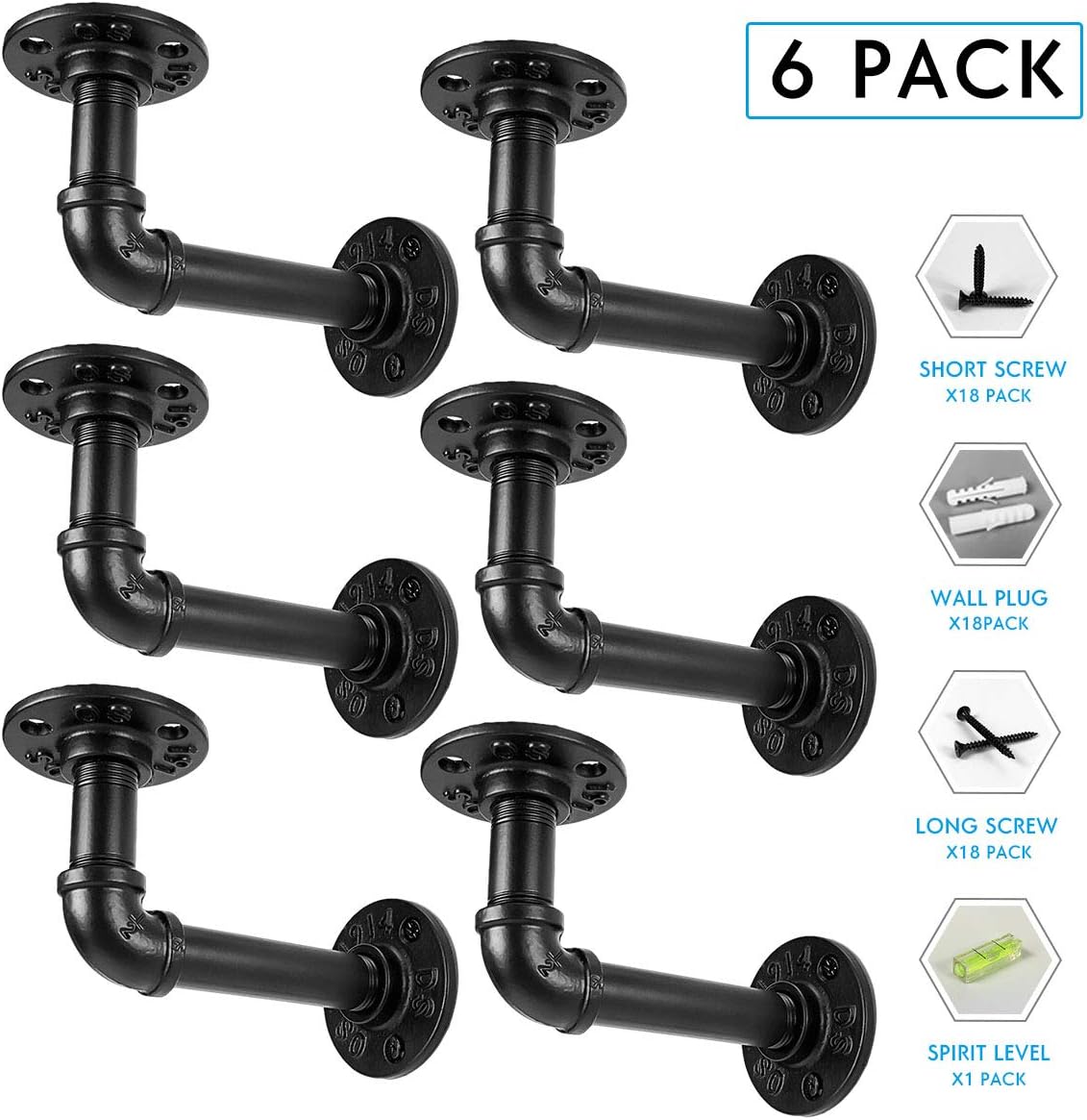 Industrial Pipe Shelf Brackets for Shelves 8 10 12 Inch, Black Metal L Pipe Floating Shelf Bracket - Heavy Duty Decorative Wall Shelving Bracket Rustic Farmhouse Vintage Style - 6 Pack: Home Improvement
