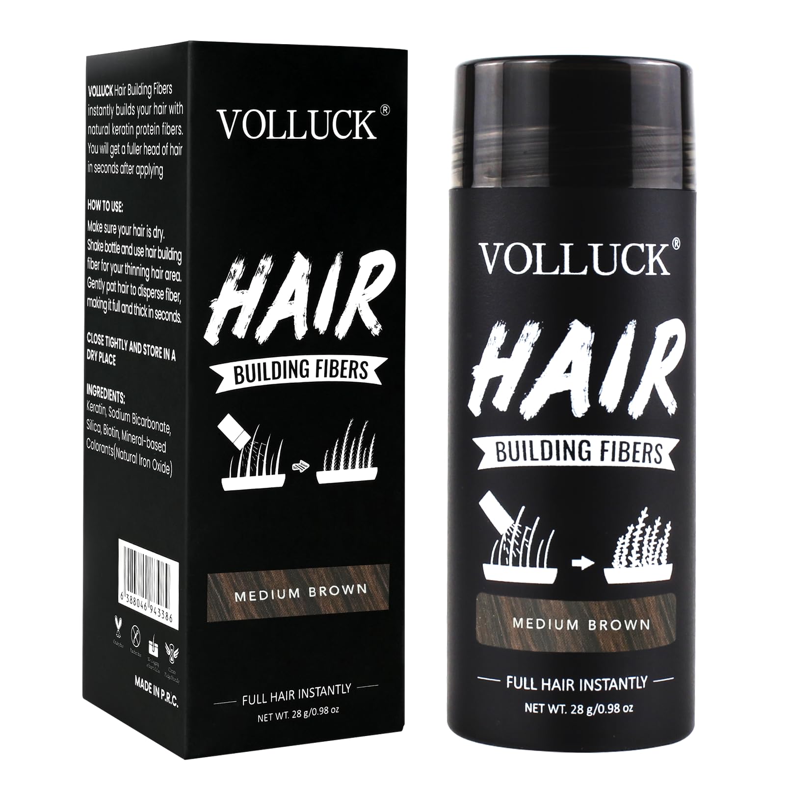 VOLLUCK Hair Fibres 28g – Instant Coverage for Thinning Hair – Creates a Naturally Fuller, Thicker Look – Lightweight, Natural Finish, Easy to Apply & Wash Off – For Men & Women (Medium Brown)