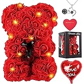 MACTING Rose Bear for Valentines Day Gifts 10 Inch Red Flower Teddy Bear with Lights Box I Love You Necklace Card Balloon Birthday Mothers Day for Girlfriend Mom Wife Women