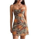 WDIRARA Women's Summer Boho Patchwork Print Spaghetti Strap Flared Short Cami Dress
