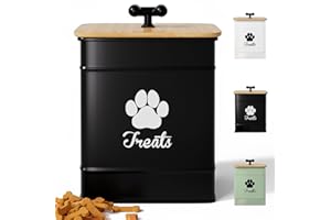 HB DESIGN CO. Dog Treat Container Airtight - 6 Inch Wide x 8 Inch Tall Iron Dog Treat Jar for Kitchen Counter with Airtight Bamboo Lid - 12 Cup Capacity Pet Treat Container - Doggie Cookie Jar - Big Treats Canister