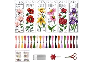 ACRNIGHEET 6PCS Cross Stitch Bookmark Kits for Beginner Flower Crossstitch Kits Adult Rose Daisy Lily Stamped Embroidery Bookmarks with Accessories for Adults Craft Gift 11CT