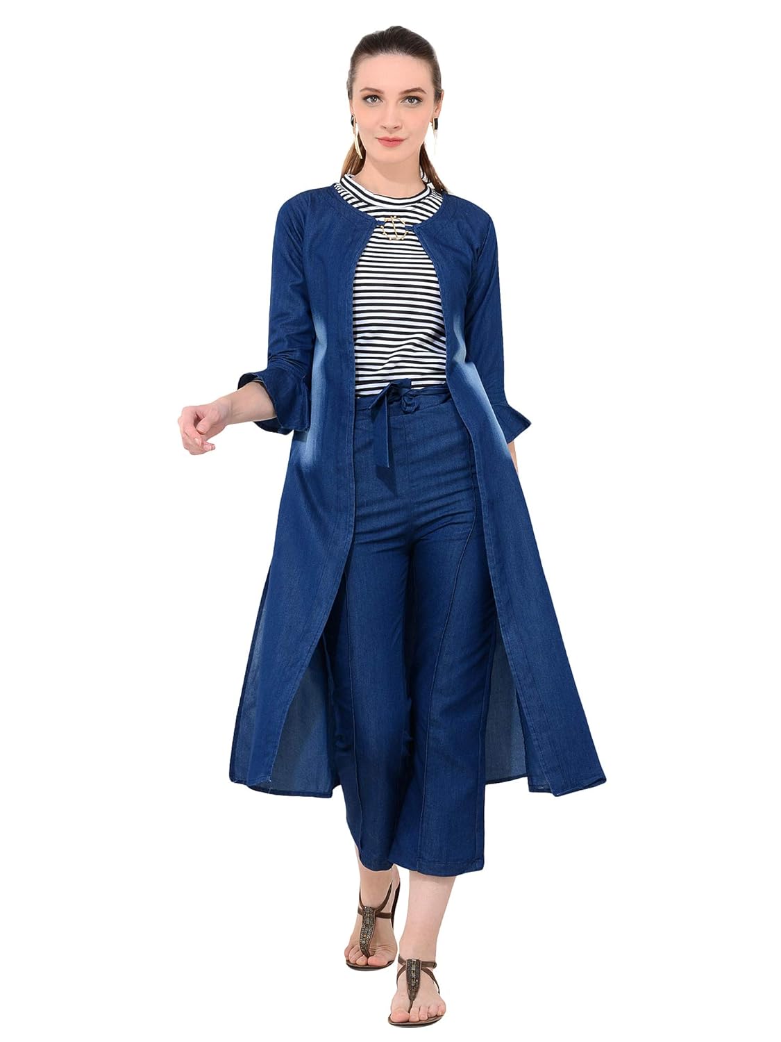 dimpy garments buynewtrend stylist denim dark blue womens dress set- (pant, shrug, top)