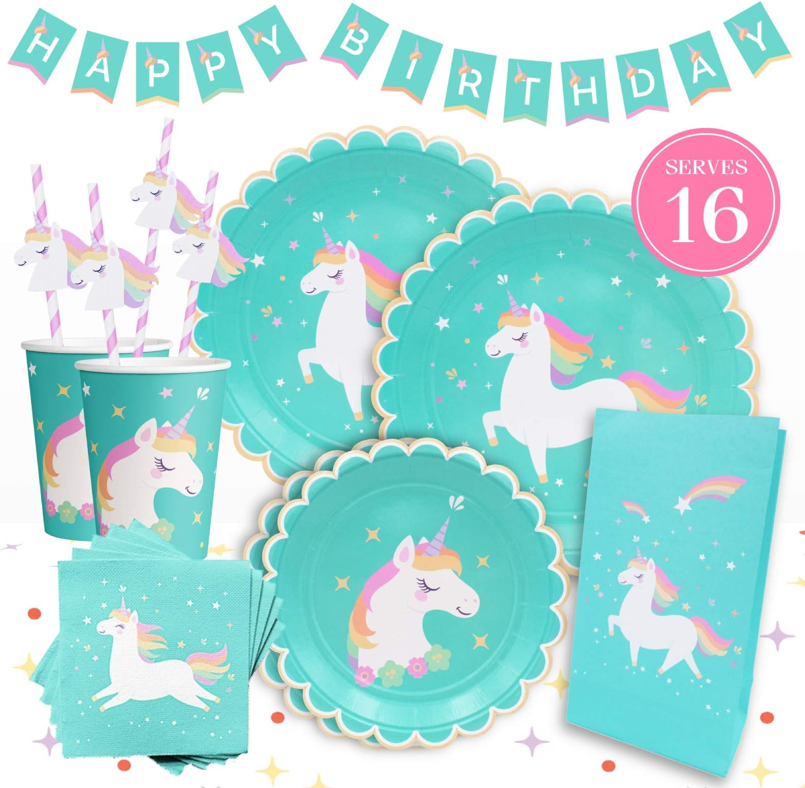 Gooji Beautiful Unicorn Theme Party Supplies Pack [130 Pcs] – Complete Kit of Birthday Decorations, Plates, Favor Bags, Straws, Napkins, Cups, Tablecloth & Happy Birthday Banner Serve 16 Guests, Turquoise Blue