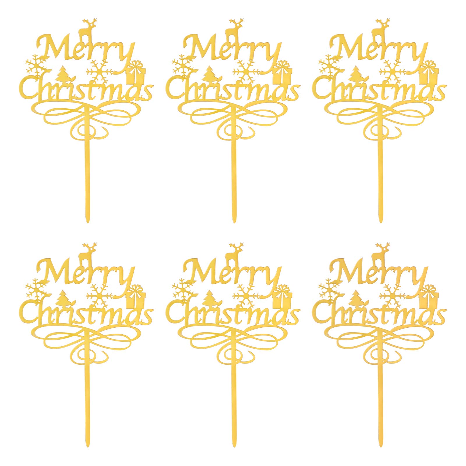 Amosfun 6pcs Acrylic Merry Christmas Cake Toppers Glitter Xmas Snowflake Cupcake Toppers Christmas Cake Decorations Cocktail Picks Holiday Party Supplies Golden