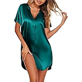 Ekouaer Women's Satin Nightshirt Button Down Sleepshirt Silk Short Sleeve Nightgown V Neck Sleepwear Night Shirts