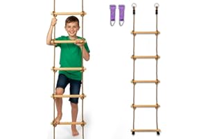 Trailblaze Wooden Rope Ladder for Kids – 6ft Outdoor Climbing Ladder with Real Wood Rungs, Heavy-Duty Rope & 2 Carabiners – Treehouse, Swing Set, Ninja Course & Playground Accessory