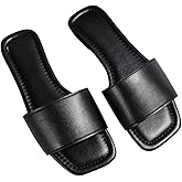 GORGLITTER Women's Flat Sandals Comfortable Dressy Square Toe Leather Slip On Slide Sandals