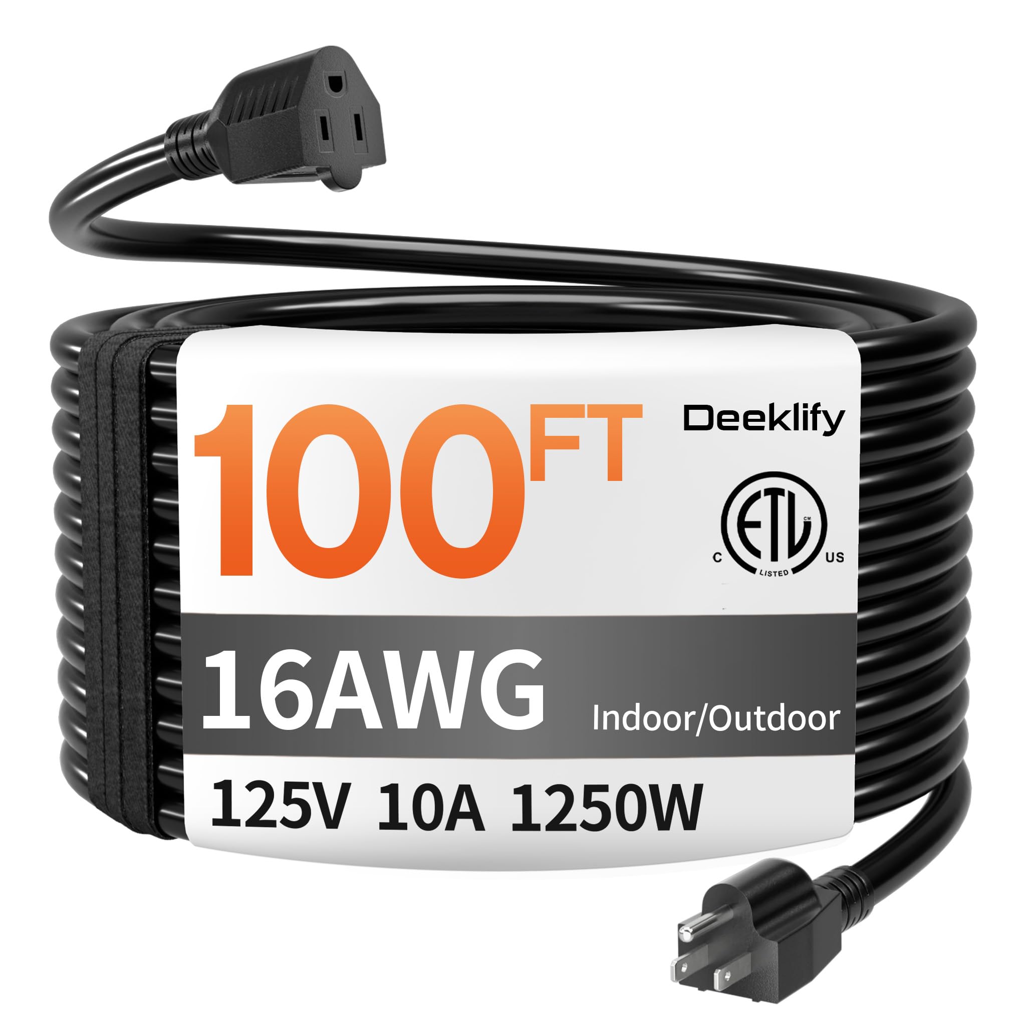 Photo 1 of Deeklify 16/3 100 FT Black Outdoor Extension Cord Waterproof, Black 16 Gauge Extension Cord Flexible and Cold Resistant 3 Prong Grounded Plug,10Amp 1250W SJTW ETL Listed