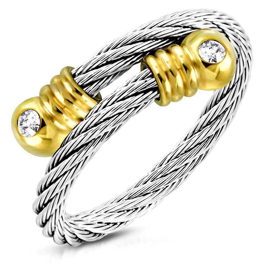 555Jewelry Cute Stainless Steel Twisted Cable Adjustable Ring for Women & Ladies, Modern Sparky Cubic Zirconia Open Ring for Women, Stackable Womens Ring, Silver & Gold