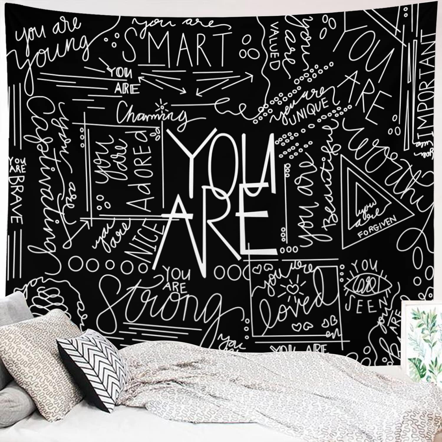 Tapestries - Miytal Quote You are Wall Tapestry, Inspirational Wall Art Positive Saying Wall Hanging White Tapestry for Teen Girl Bedroom Dorm - 51.2x59.1 Inches - Black