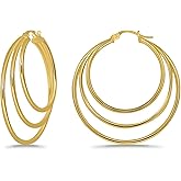 Hoops & Loops 925 Sterling Silver Triple Hoop Earrings for Women, Layered Stacked Trendy Round-Tube High Polished Hoops, Two-Tone 14K Gold, Rose Gold Flash Plated 20mm, 25mm, 30mm, 35mm
