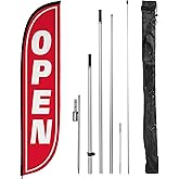 LookOurWay Feather Flag Pole Kit - 12 Feet Tall Advertising Flag Banner with Fiberglass Pole Kit and Ground Spike for Business Promotion - Grand Opening Flags - Open Red & White (10M1200104)