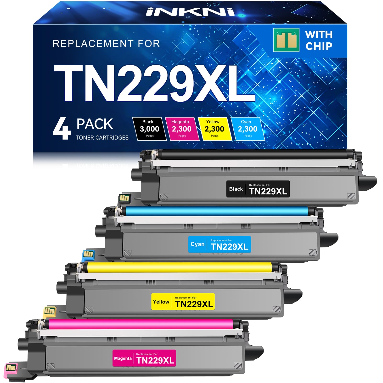 Photo 1 of InkNI Compatible Toner Cartridges Replacement for Brother TN229XL TN229 XL TN-229XL Toner Cartridges for MFC-L3780CDW MFC-L3720CDW HL-L3280CDW HL-L3220CDW HL-L3300CDW Printer (TN-229XLBK/C/M/Y-4 Pack)