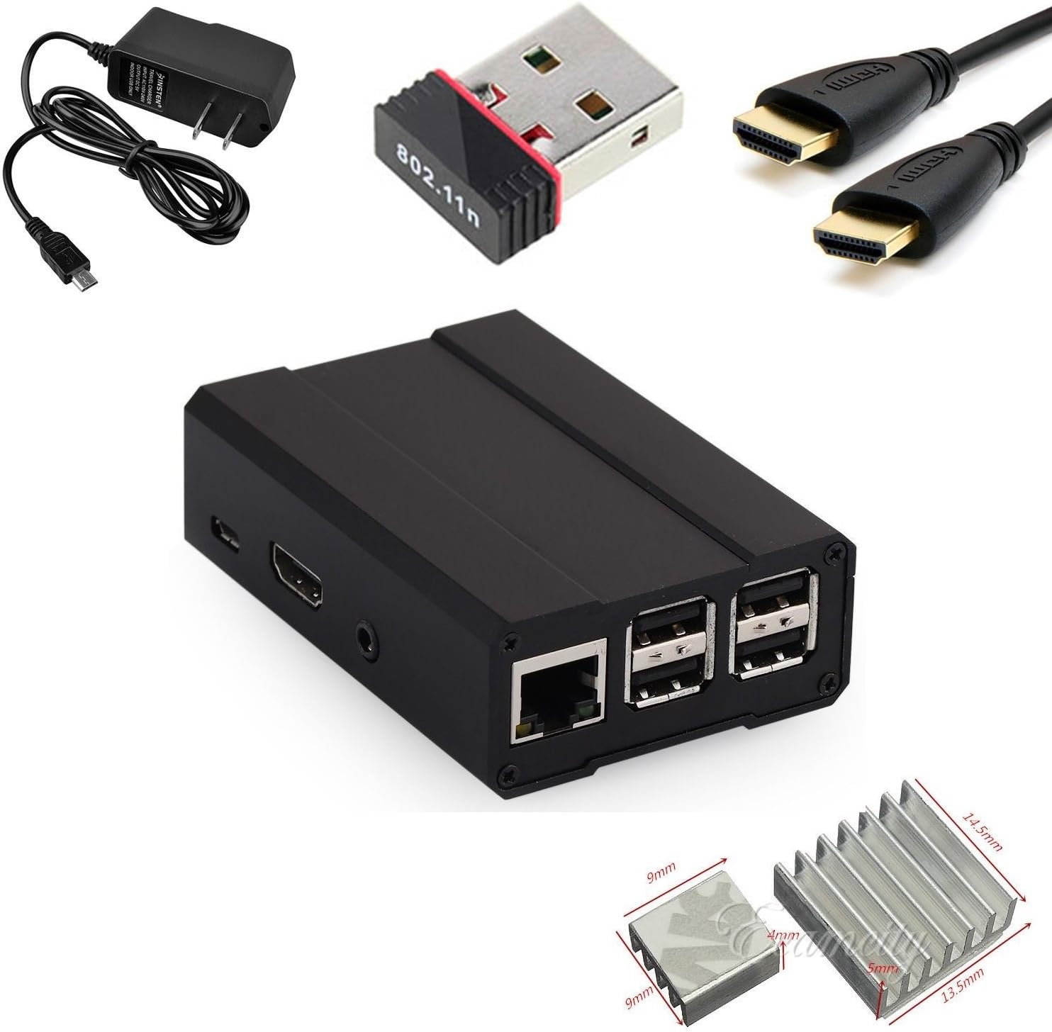 KCKits Raspberry Pi 2 Starter Kit, Includes Premium Aluminum Case, Heatsinks, HDMI Cable, Power Supply, WiFi Adapter (Black)