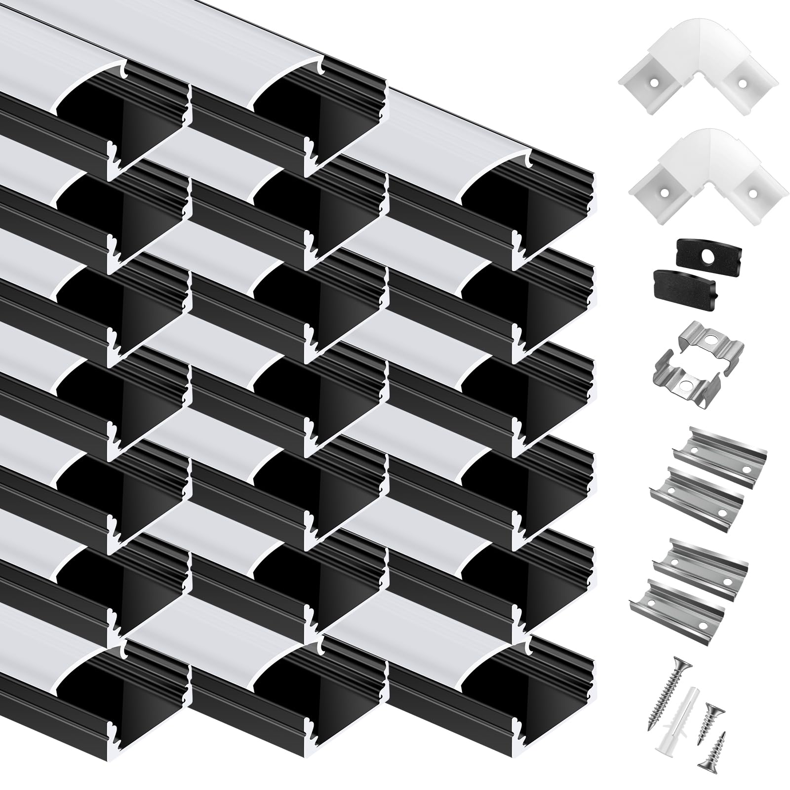 Photo 1 of 20-Pack 3.3ft/1Meter U Shape Black LED Aluminum Channel System with Milky Cover, End Caps and Mounting Clips, Aluminum Channel Profile for LED Strip Light Diffuser Installations (20pack*3.3ft)