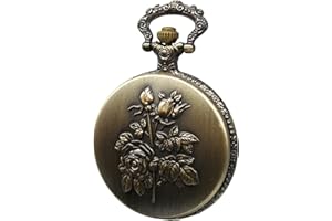 SIMAOTE Vintage Quartz Pocket Watch with Flower Pattern Cover and Chain for Women