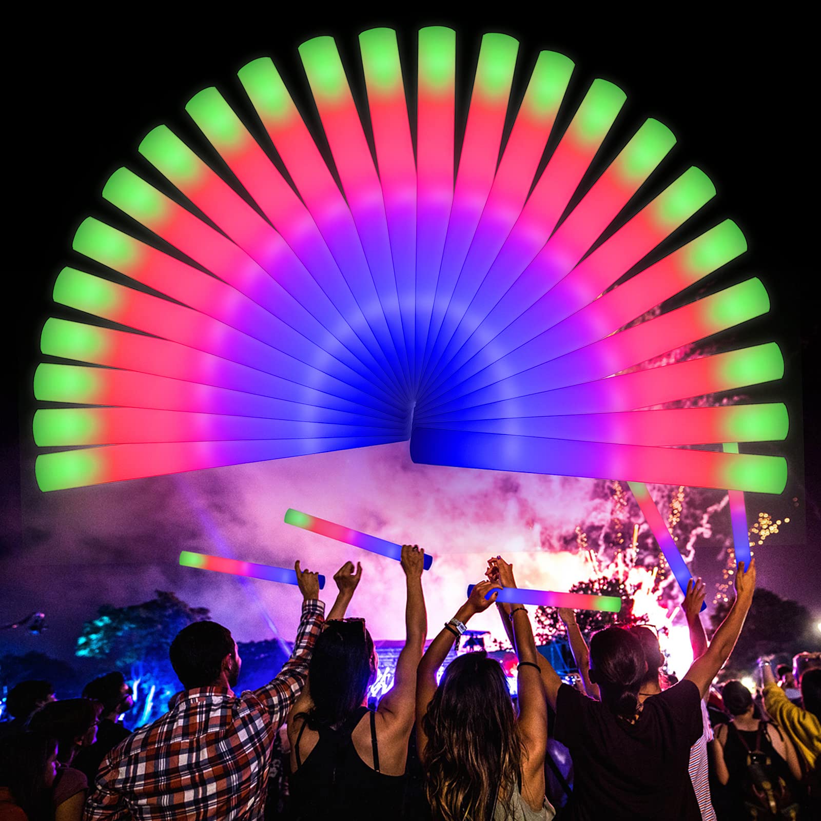 LifBetter 58Pcs Foam Glow Sticks Bulk,Led Glow Sticks with 3 Modes Colorful Flashing,Long Life Battery Glow In The Dark Party Supplies for Weddings,Parties,Festivals,Sporting Events Image