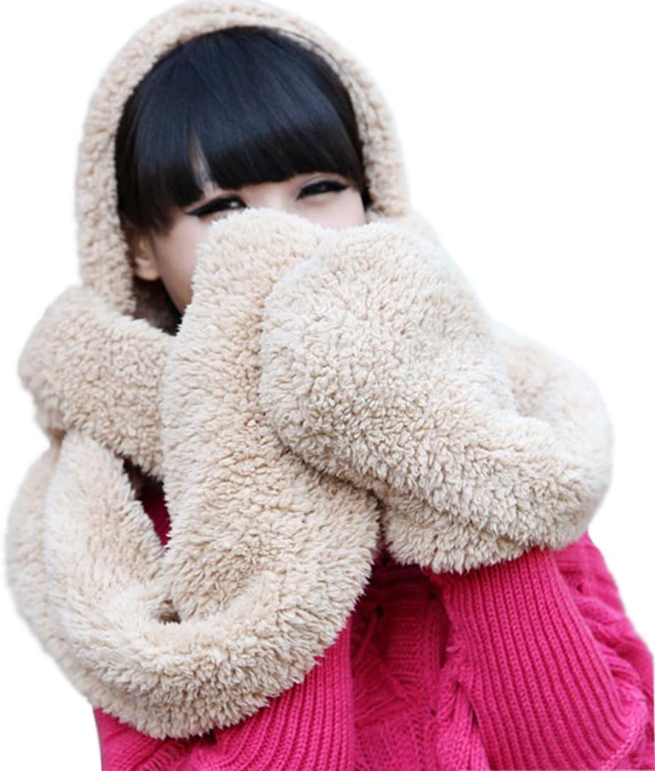 Winter Fashion Cute Warm Long Hooded Scarf with Mittens Three Piece Hat Scarf Gloves for Womens