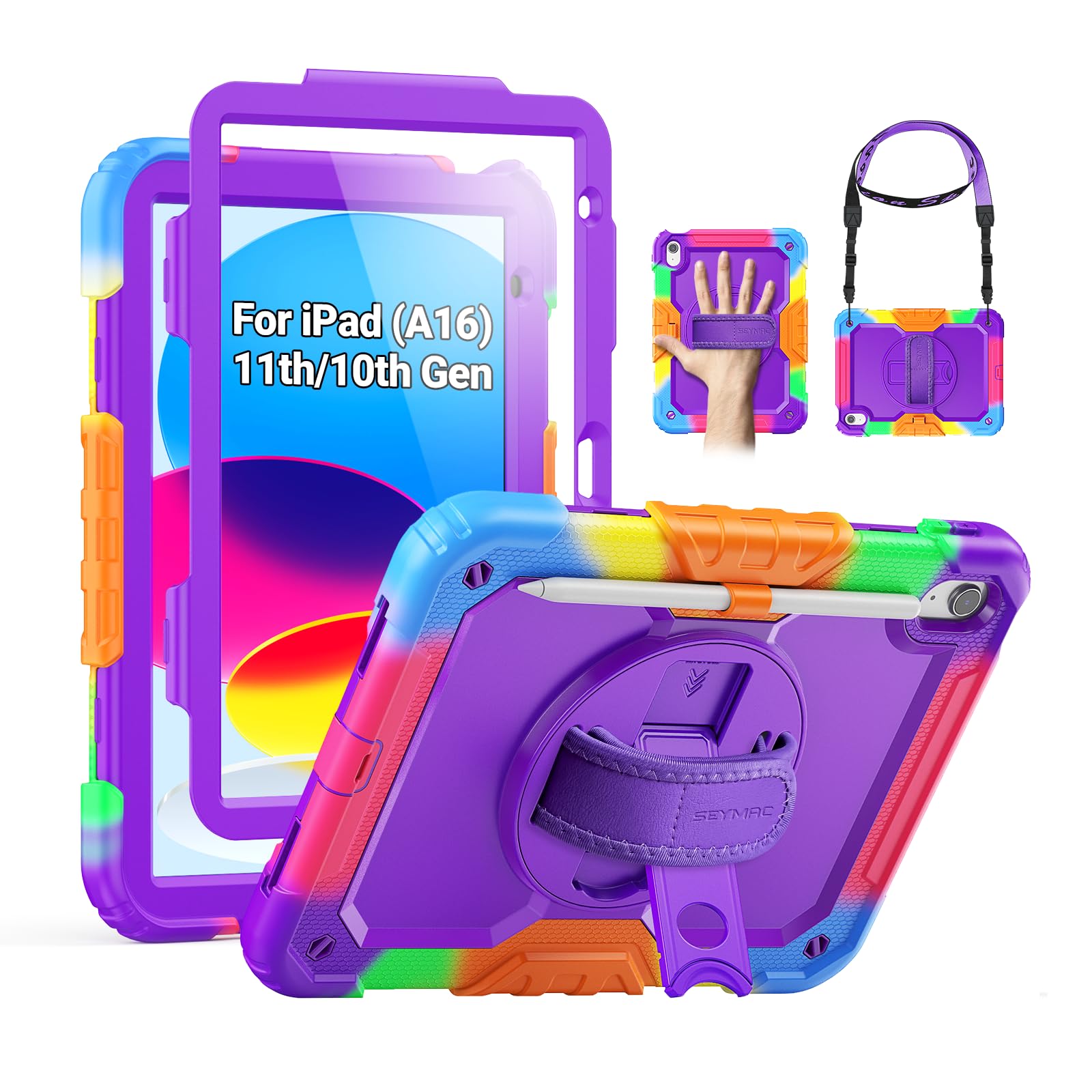 Photo 1 of SEYMAC Case for iPad (A16) 11th/10th Generation 2025/2022 (11?/10.9?), Heavy Duty Full-Body Shockproof Protective Case with Screen Protector, Rotating Stand, Hand/Shoulder Strap, Colorful/Purple