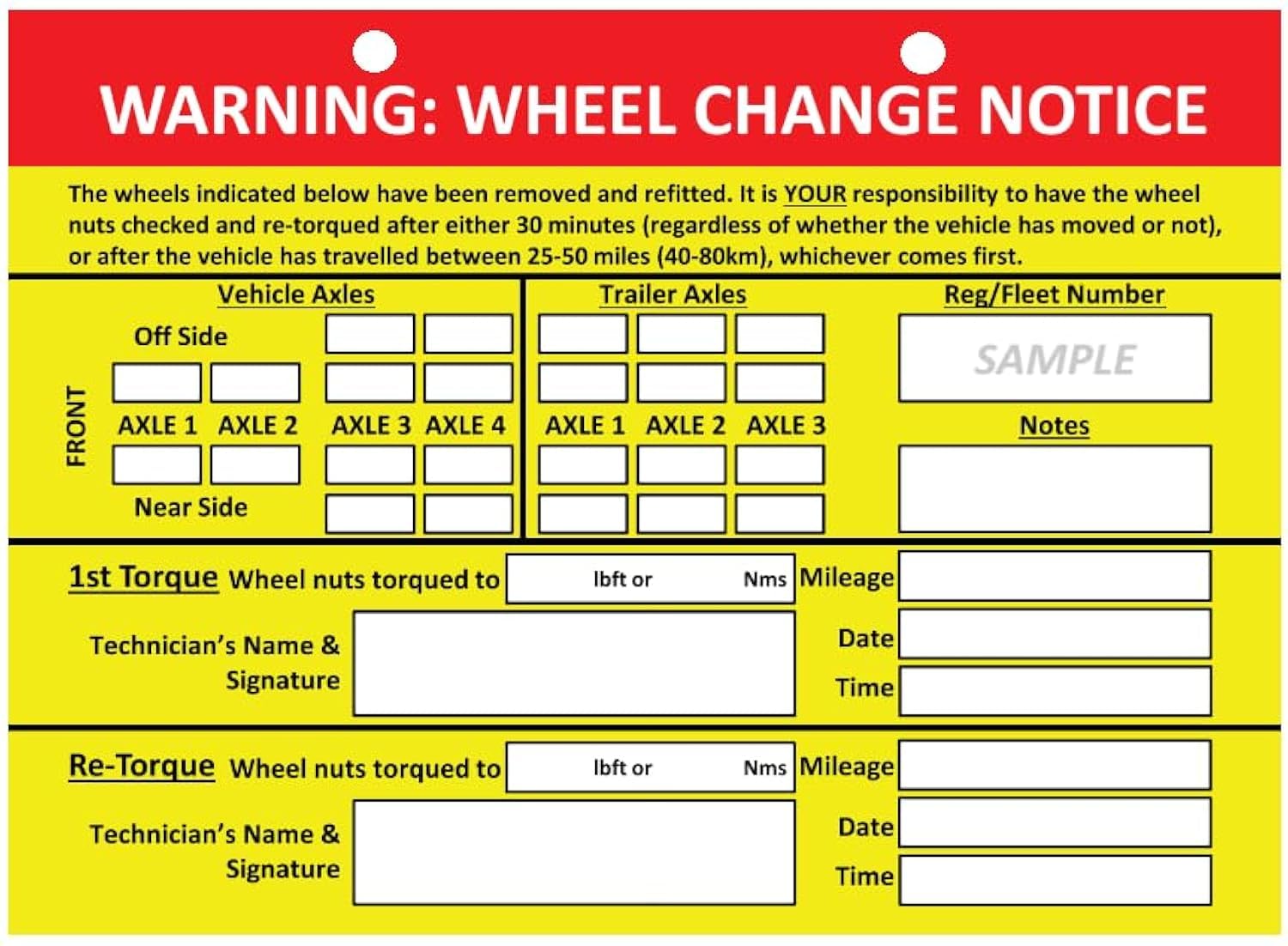 Wheel Change Notice Tag, Card, Re-Torque, Tourque Warning - x50 Punched Cards