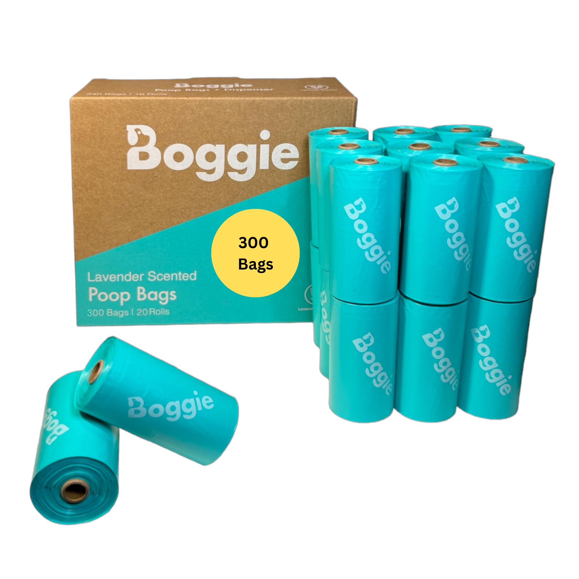 Boggie Dog Poop Bags | Extra Thick, Leak-Proof & Lavender Scented, Eco-Friendly Recycled Plastic, 300 Bags