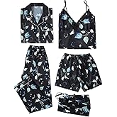 Escalier Womens 5pcs Silk Satin Pajama Set Cami Pjs Sleepwear Button Down Pj Sets Loungewear