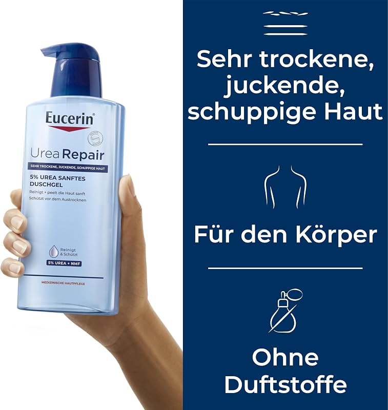 UreaRepair 5% Urea Sanftes Duschgel 400 ml, feuchtigkeitsspendendes Shower Gel reinigt und peelt trockene Haut, reinigende Hautpflege für Gesicht und Körper mit Urea und Panthenol
