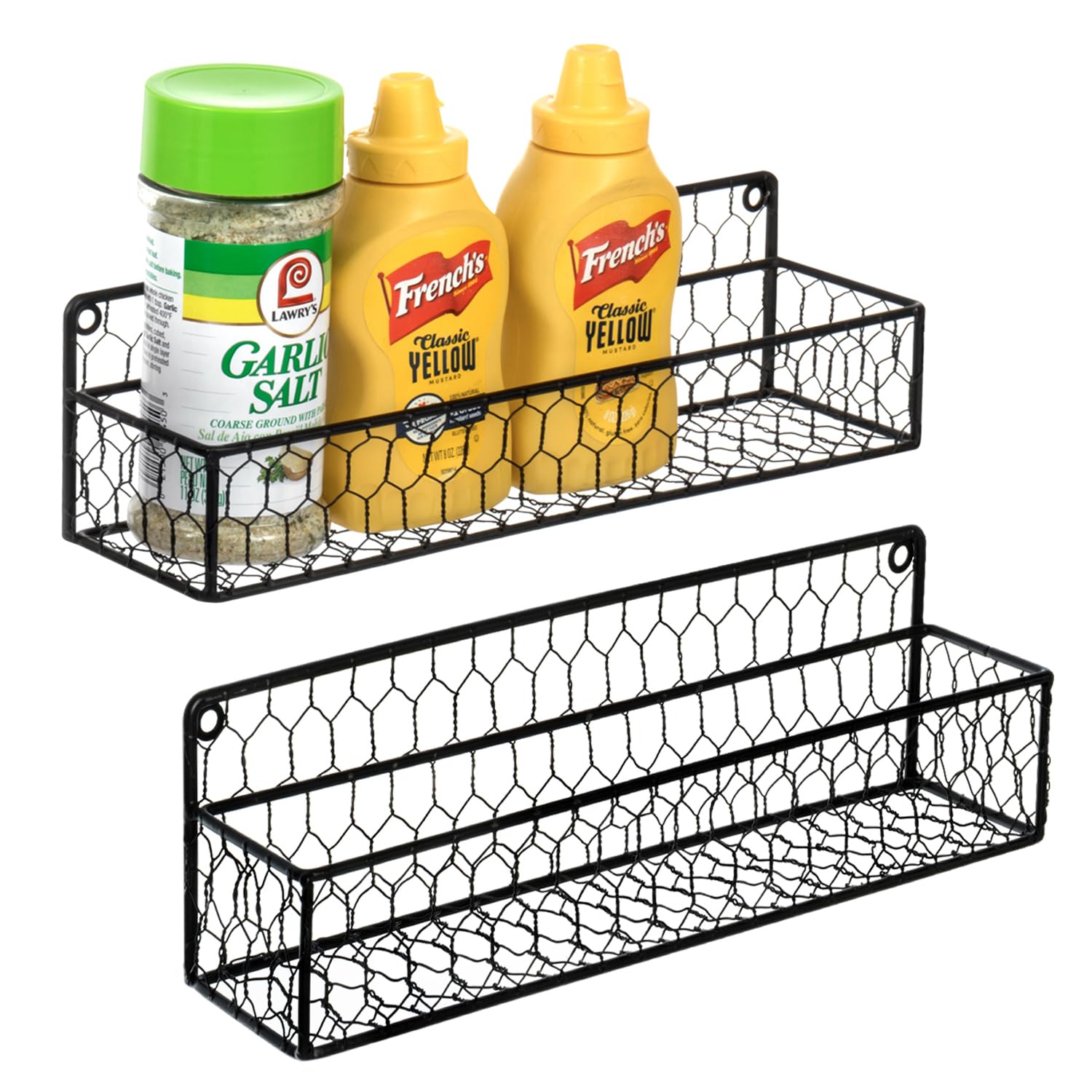 Photo 1 of MyGift Wall Mountable Spice Rack Shelf Organizer, 12-Inch Black Chicken Wire Hanging Kitchen Seasoning Condiment Storage Display Rack, Set of 2