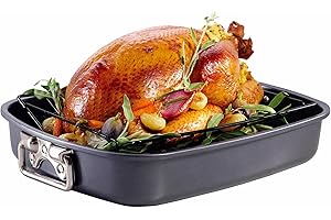 CHEFMADE Roasting Pan, 17-Inch Non-Stick Turkey Roaster Lasagna Pan with V Rack - Rectangular Deep Dish Chicken Roaster-BBQ Pan for Turkey 14.1" x 17.1" x 3.3"(Black)