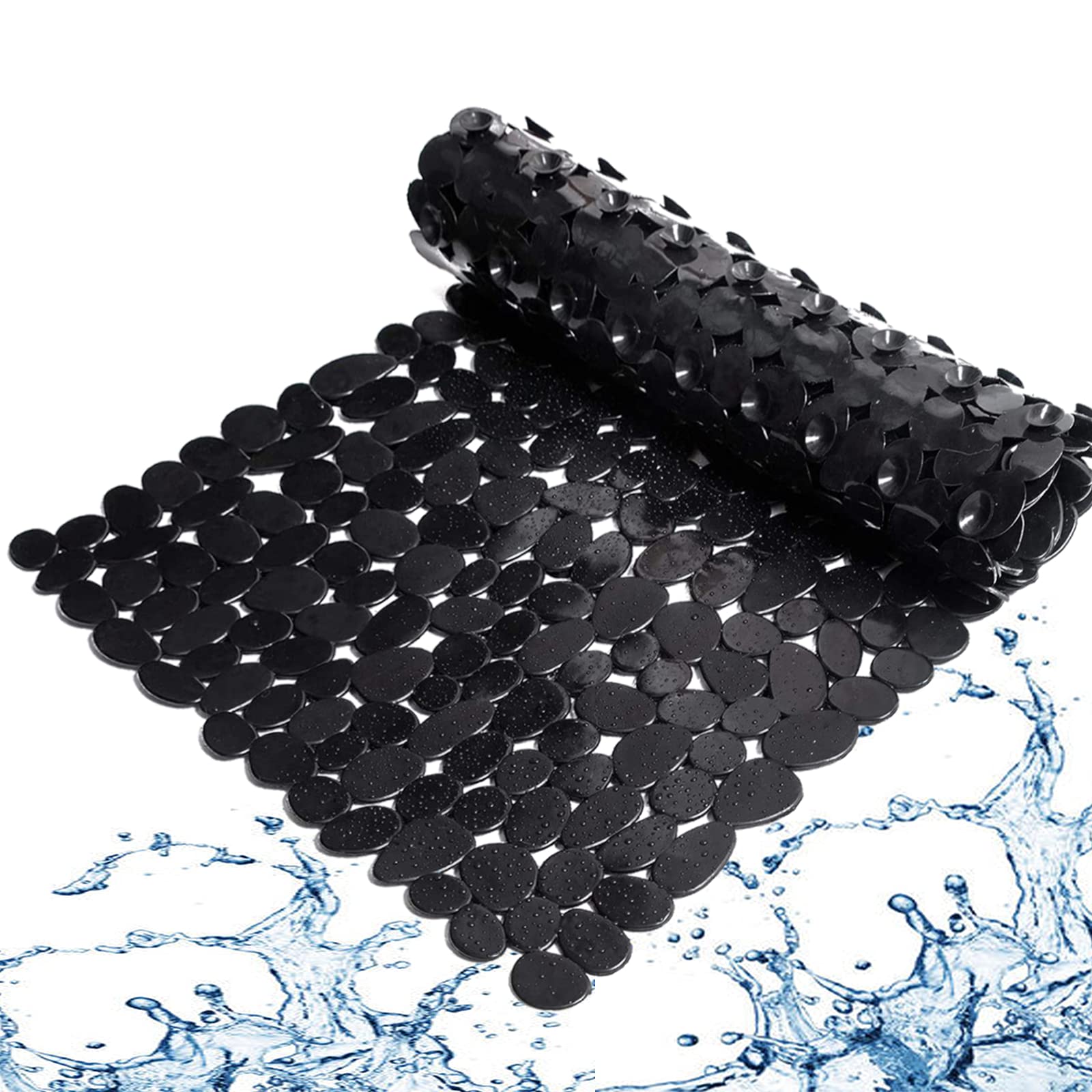 Marsheepy Non-Slip Pebble Bath Mat,Extra Long Anti Slip Bathtub Shower Mat with Suction Cups and Drain Holes for Bathroom,Machine Washable,40 x 88 CM,Black