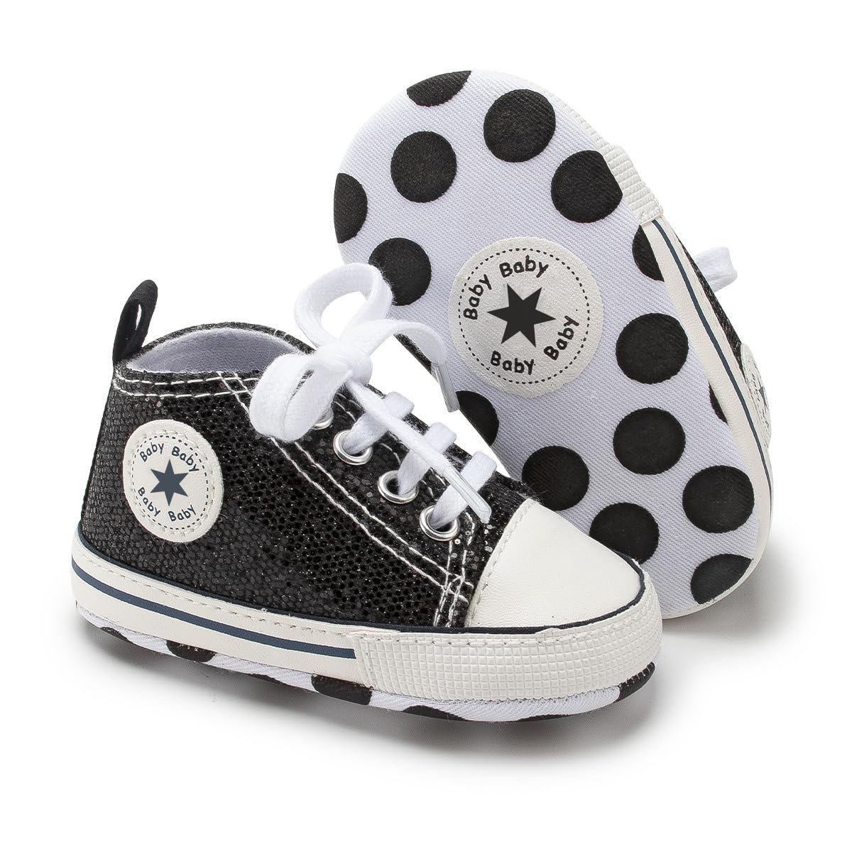 Photo 1 of KKIIDDSS Unisex Baby Girls Boys Canvas High-top Shoes, Newborn Infant Anti-Slip Soft Sole Frist Walking Sneakers (B02/Sequin Black,6-12 Months)